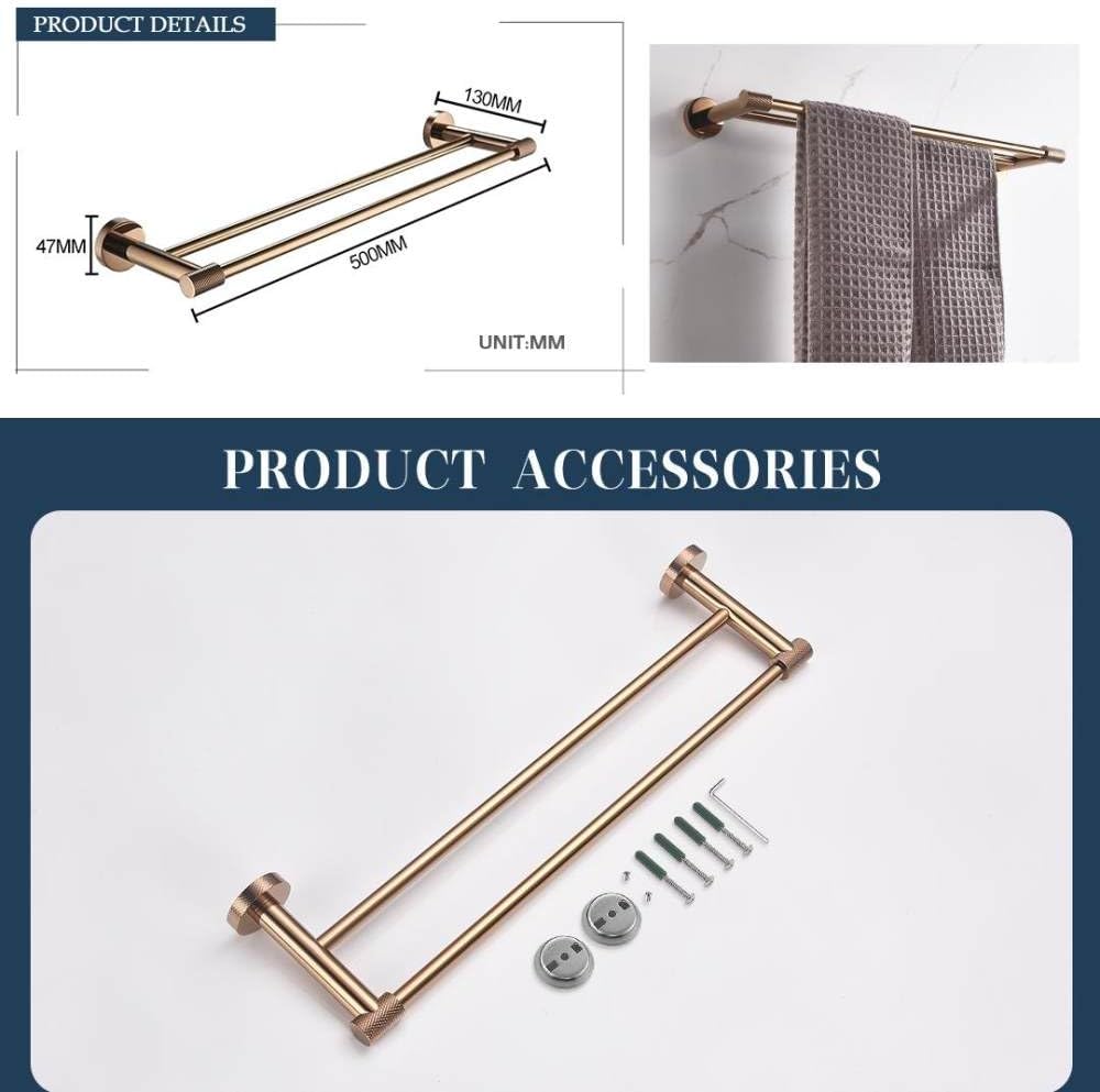 Rose Gold Wall Mount Shelf Toilet Bath Hardware Paper Holder Towel Bar Rack Rail Rod Robe Hook Hanger Bathroom Accessories Set,Single Towel Bar(Double Towel Bar)