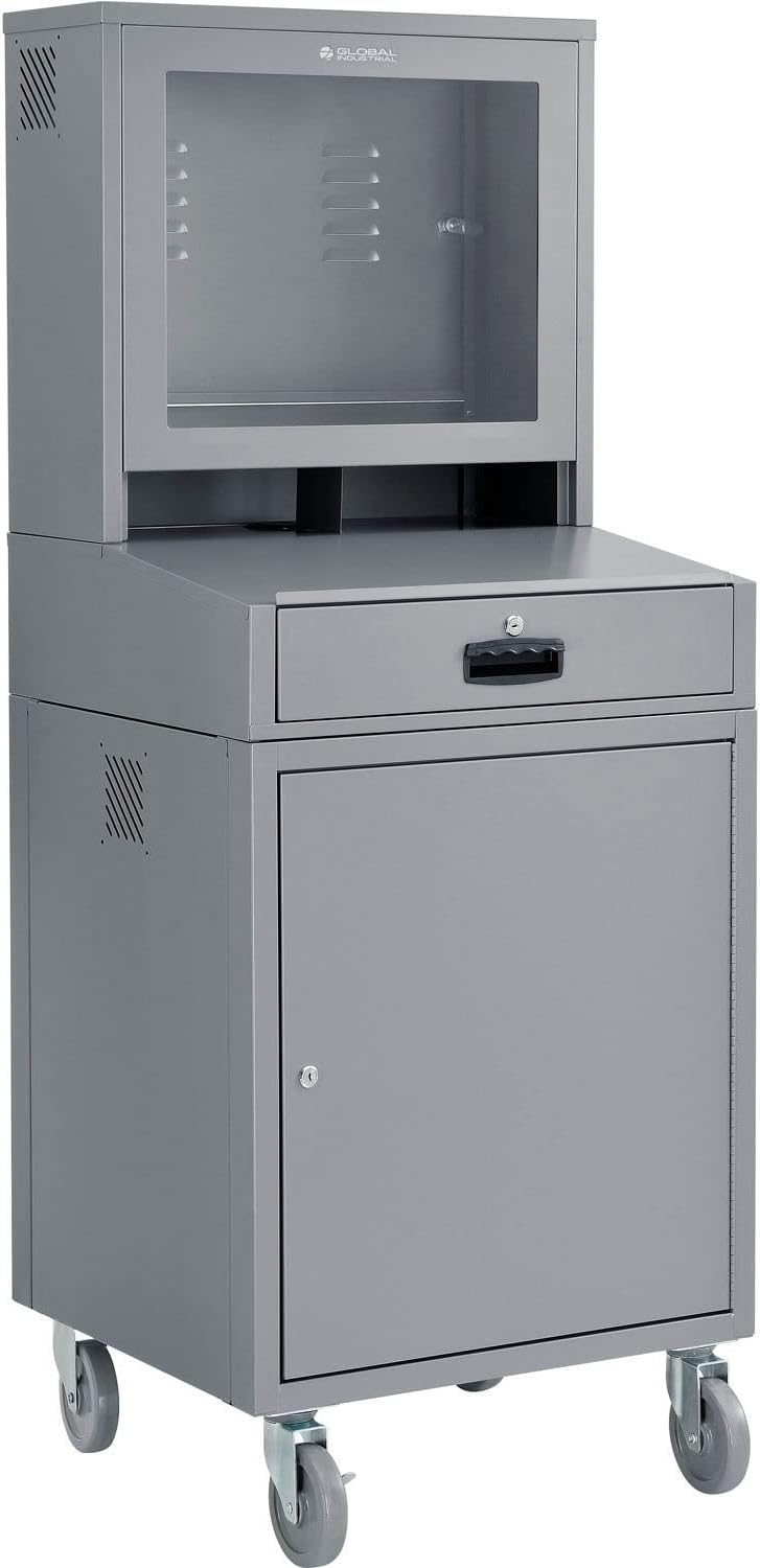 Global Industrial Mobile Security LCD Computer Cabinet Enclosure for 24' Diagonal Monitors, Steel Construction, Gray Powder Coat Finish, 24-1/2'W x 22-1/2'D x 62-3/4'H