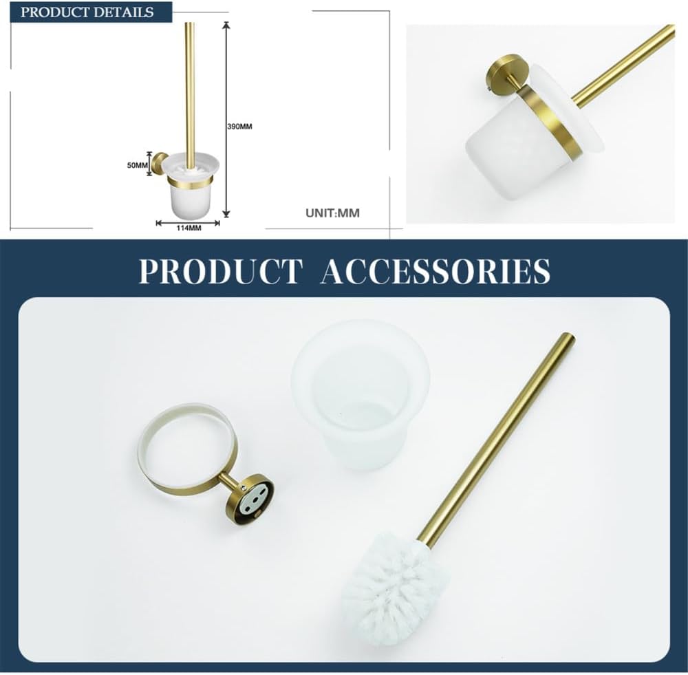 Brushed Gold Brass Bathroom Accessories Set - Hand Towel Bar, Toilet Paper Holder, Robe Hook & Brush Holder - Stylish Wall-Mounted Modern Decor with Knurled Finish
