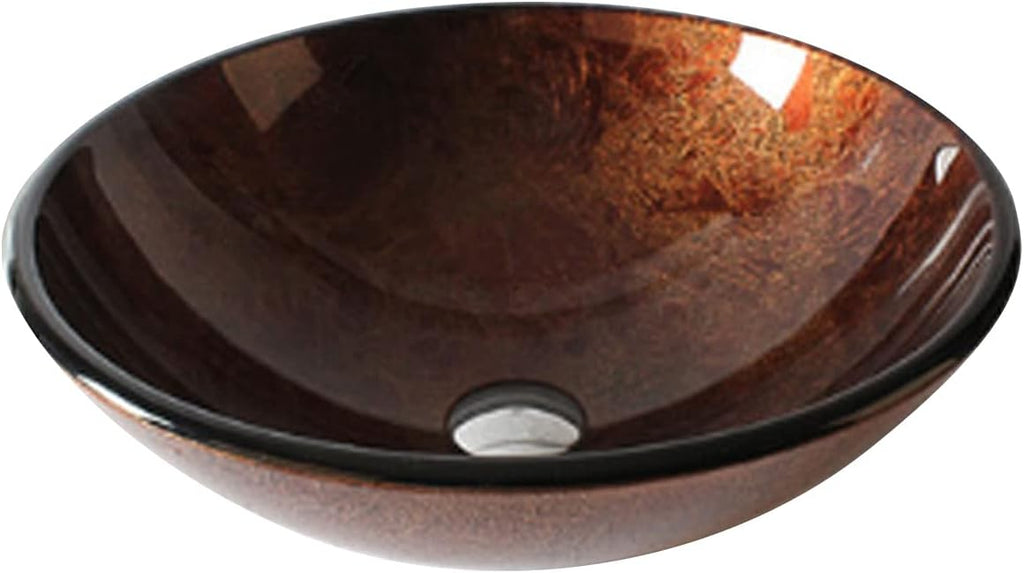 Bathroom Tempered Glass Vessel Sink, Bathroom Vanity Round Bowl, Bathroom Above Counter Vessel Sink,Gold Silver(Brown Red)