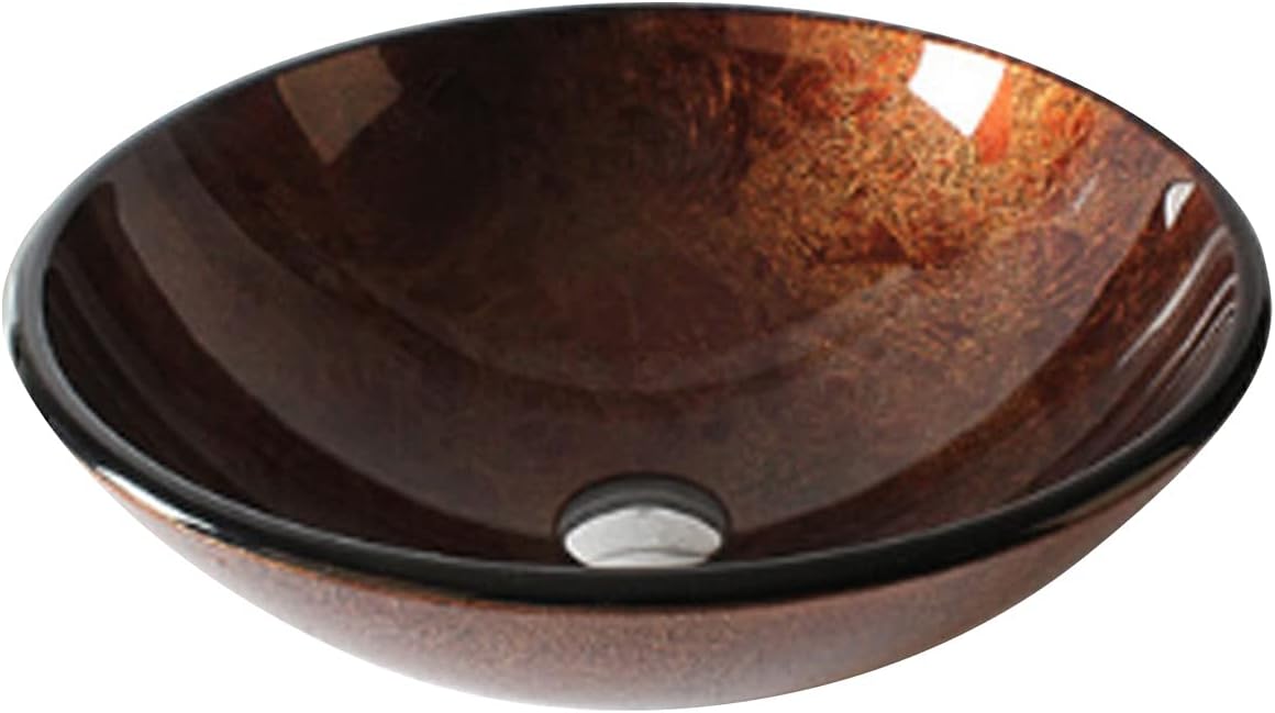 Bathroom Tempered Glass Vessel Sink, Bathroom Vanity Round Bowl, Bathroom Above Counter Vessel Sink,Gold Silver(Brown Red)