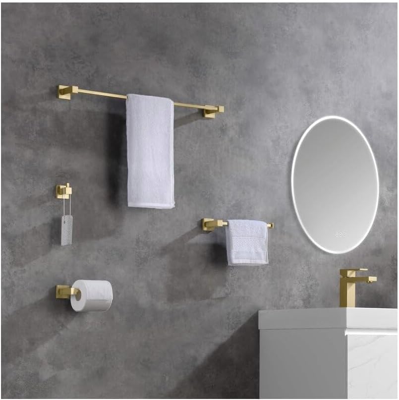 KIBI 5-Piece Cube Bathroom Hardware Set | Includes 24-Inch Towel Bar, Towel Ring, Toilet Paper Holder, and Robe Hooks | Wall-Mounted Solid Brass Accessories | Brushed Gold Finish, C-KBA15-5