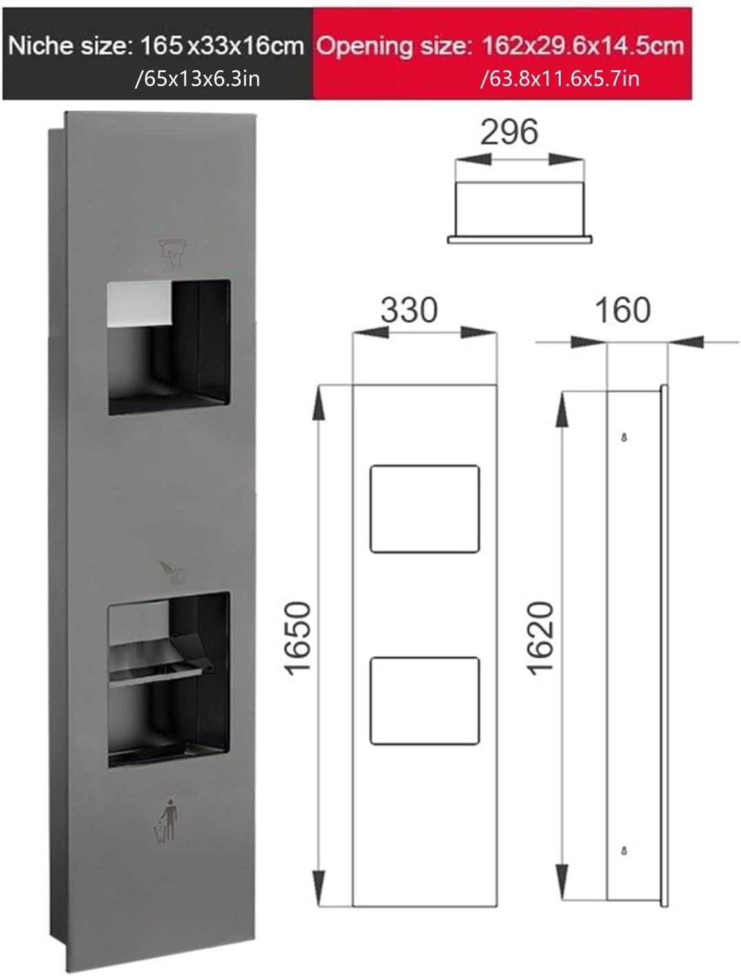 Recessed Convertible Paper Towel Dispenser/Waste Receptacle Combination Unit, Satin Stainless Steel for Hotel Public Bathroom Kitchen, Silver(Gray,33x165x16CM)
