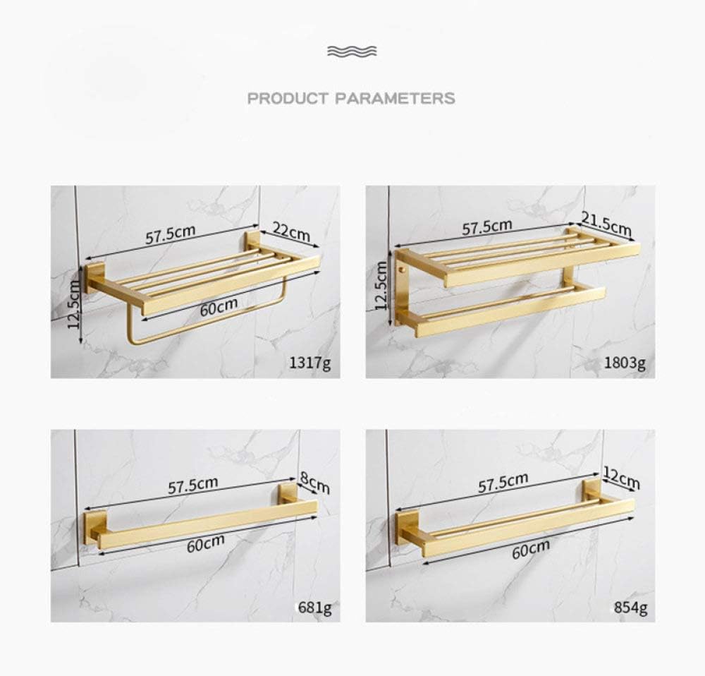 Modern Brushed Gold Bathroom Accessories Set with Shelf Towel Rack Towel Hanger Paper Holder and Toilet Brush Holder Bath Hardware Sets for a Stylish and Functional Bathroom (Doubl