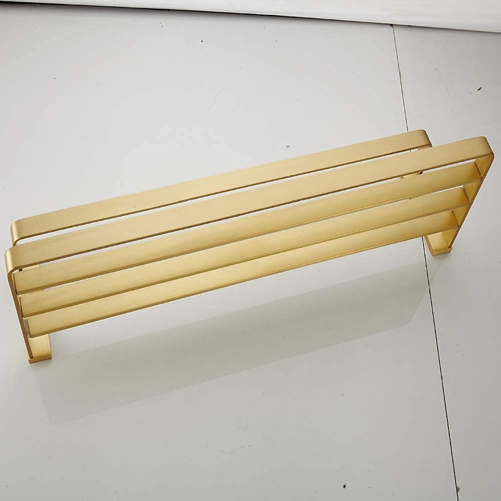 Bathroom Storage Shelf Towel Rack Wall Mounted Brass Made Brushed Gold Finish Towel Double Shelf with Towel Rail Storage Holder for Hotel Bathroom Home,