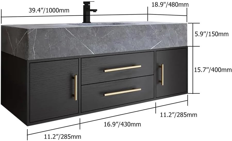 Floating Bathroom Vanity with Sink, 39.5 Inch Modern Bathroom Vanity Cabinet with Sintered Stone Top, Ceramic Undermount Sink, 2 Drawers, Black (Wall Mounted, Gold Handle)