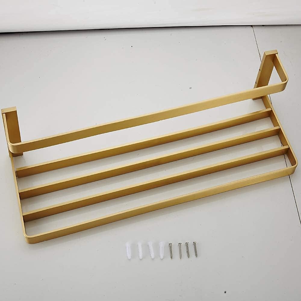 Bathroom Storage Shelf Towel Rack Wall Mounted Brass Made Brushed Gold Finish Towel Double Shelf with Towel Rail Storage Holder for Hotel Bathroom Home,