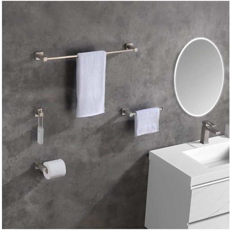 KIBI Cube 5-Piece Bathroom Hardware Set | Includes 24-Inch Towel Bar, Towel Ring, Toilet Paper Holder, and Robe Hooks | Wall-Mounted Solid Brass Accessories | Brushed Nickel, C-KBA15-5