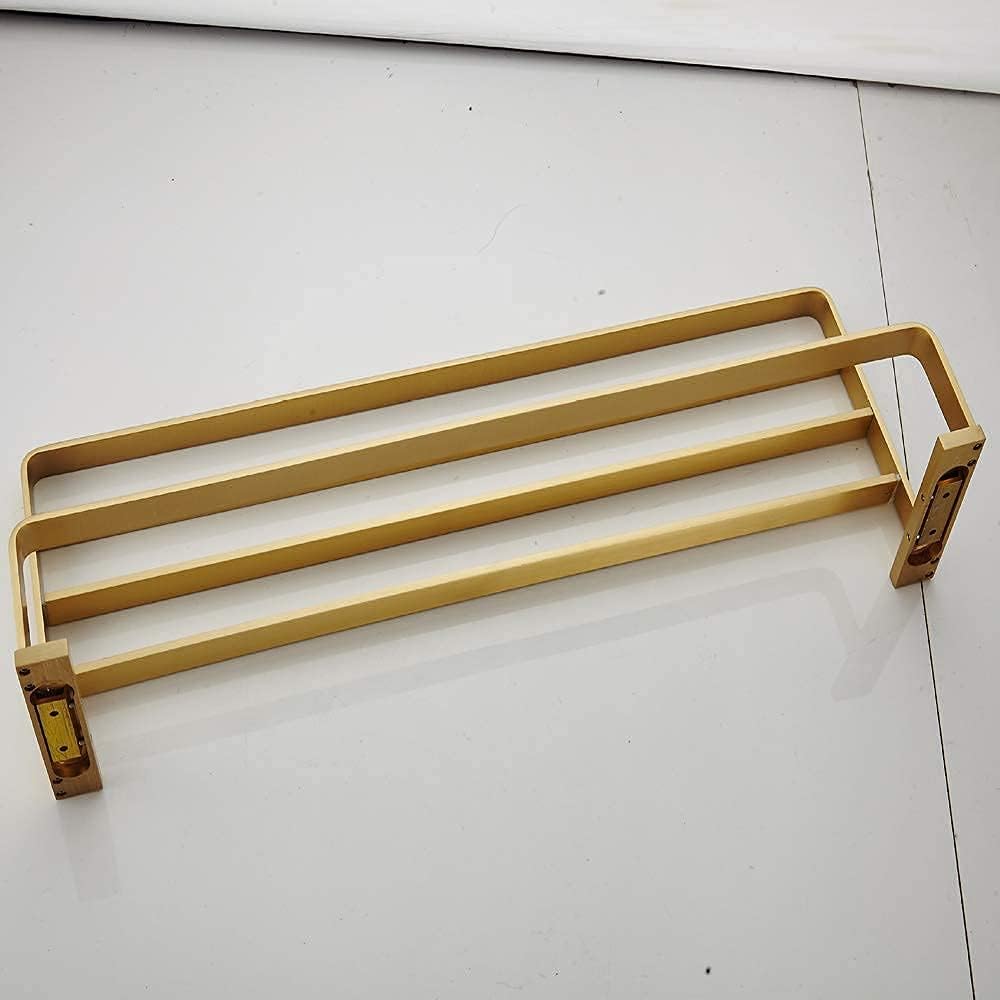 Bathroom Storage Shelf Towel Rack Wall Mounted Brass Made Brushed Gold Finish Towel Double Shelf with Towel Rail Storage Holder for Hotel Bathroom Home,