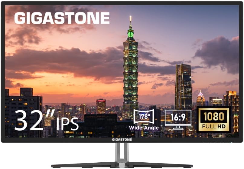 Gigastone 32 inch IPS LED Back Light Monitor 75Hz FHD 1920 x 1080, 178° Wide View Frameless Computer Monitor 5ms, Eye Care Technology, Ergonomic Tilt VESA Mount, HDMI VGA