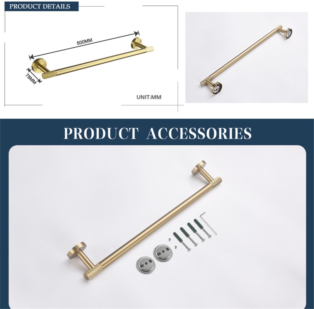 Brushed Gold Brass Bathroom Accessories Set - Hand Towel Bar, Toilet Paper Holder, Robe Hook - Elegant Wall-Mounted Knurling Design for Modern Home Decor & Luxury Bathroom Style