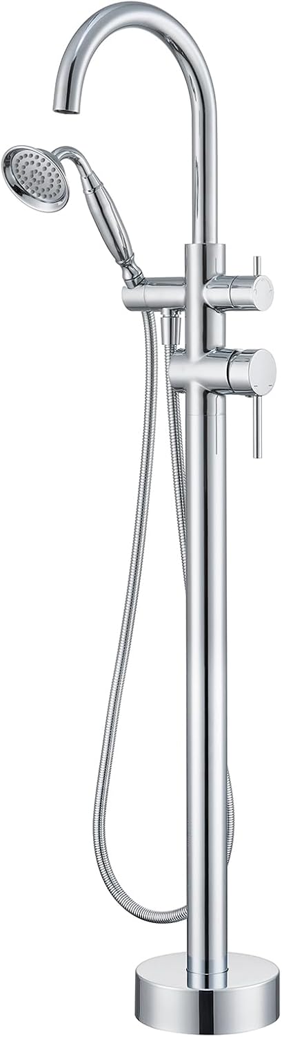 Wowkk Tub Filler Freestanding Bathtub Faucet Chrome Floor Mounted Brass Bathroom Tub Faucets with Hand Shower