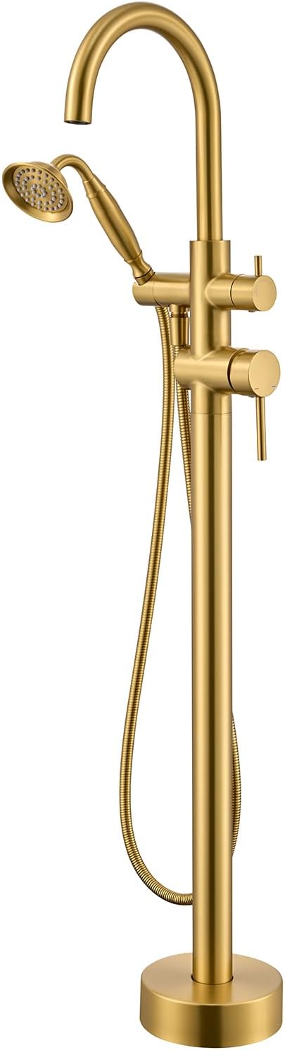 Wowkk Tub Filler Freestanding Bathtub Faucet Brushed Gold Floor Mounted Brass Bathroom Tub Faucets with Hand Shower