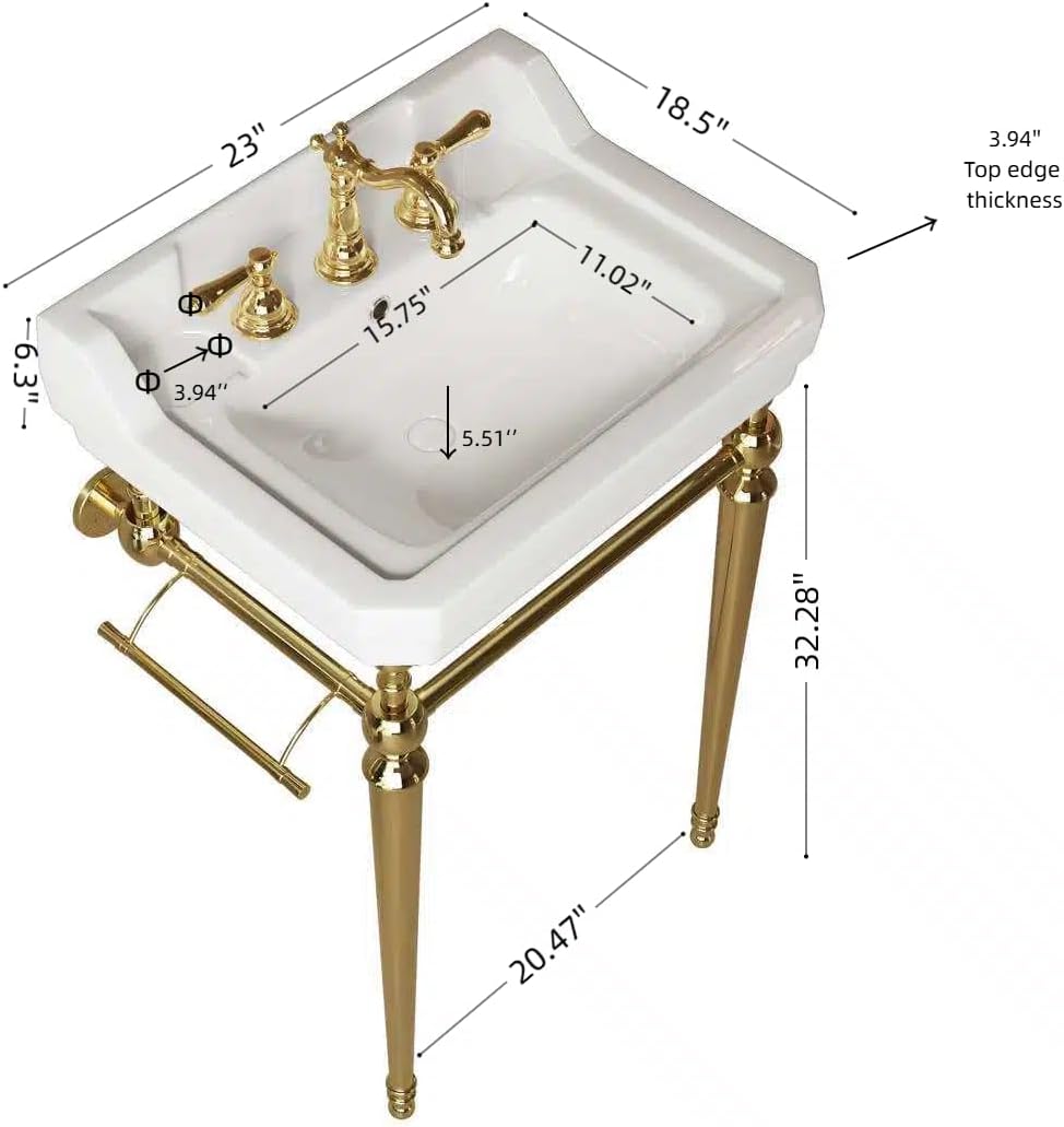 23 inch Console Bathroom Sink, Freestanding Console Sink With Stainless Brushed Gold Legs, Modern Bathroom Vanity with 3 Pre-drilled Faucet Holes, White Ceramic Basin