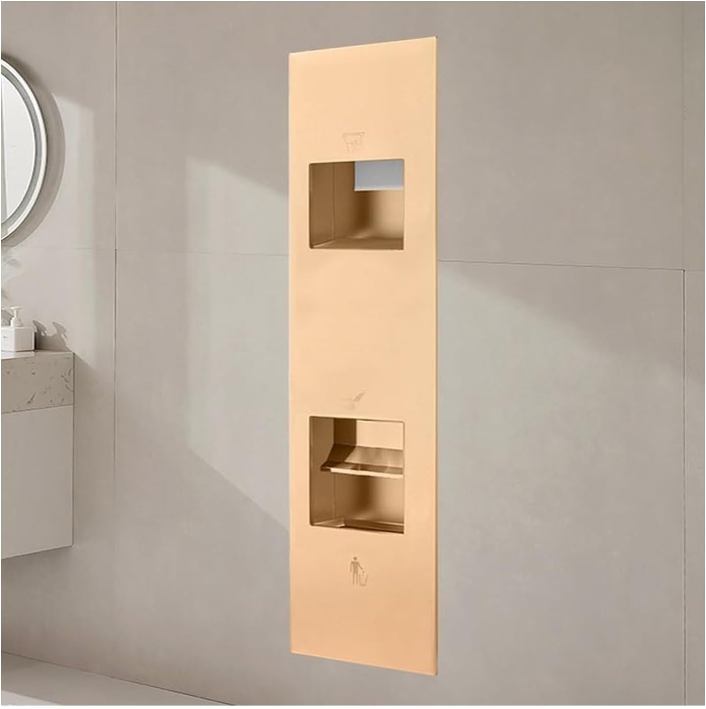 Recessed Convertible Paper Towel Dispenser/Waste Receptacle Combination Unit, Satin Stainless Steel for Hotel Public Bathroom Kitchen, Silver(Gold,33x165x16CM)