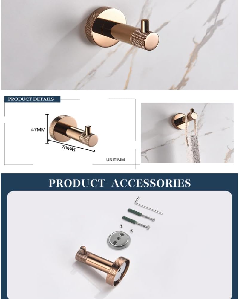 Rose Gold Stainless Steel Wall Hook Toilet Paper Holder Towel Bar Bathroom Accessories,4 PCS Robe Hook