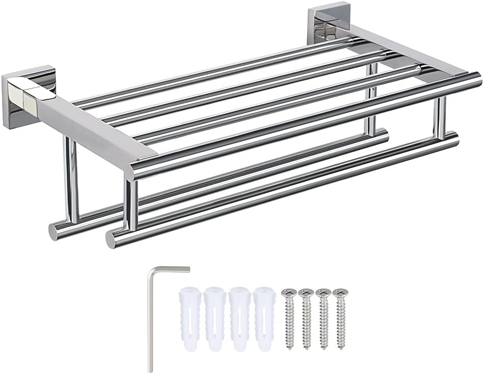 Towel Rack Double Towel Holder with 2 Bars Bathroom Shelf, Brushed 304 Stainless Steel Bathroom Towel Rack, Wall Mounted Hanger Storage Towel Shelf
