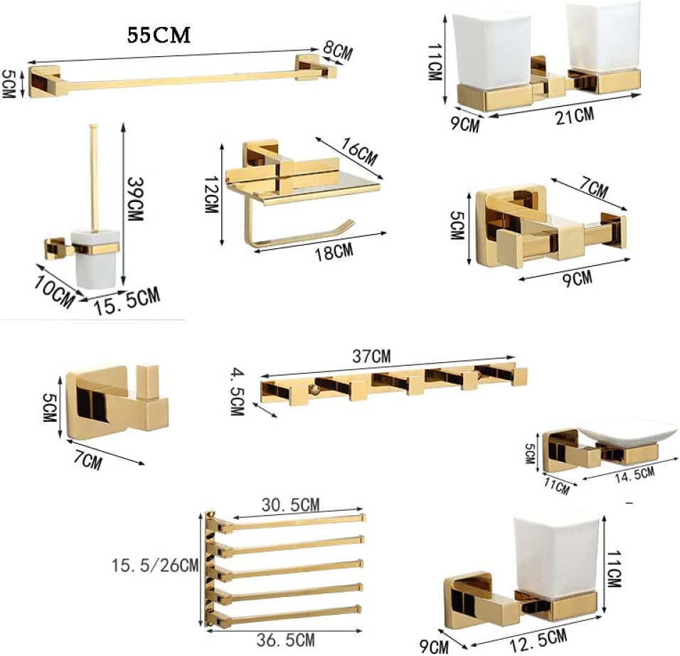 Wall Mounted Towel Bar Rack，Luxury Gold Brass Bathroom Towel Rack Toilet Paper Holder Toilet Brush Holder Multi-Hook Towel Bar Soap Dish - Elegant Bathroom Accessories Set(Double Cups)