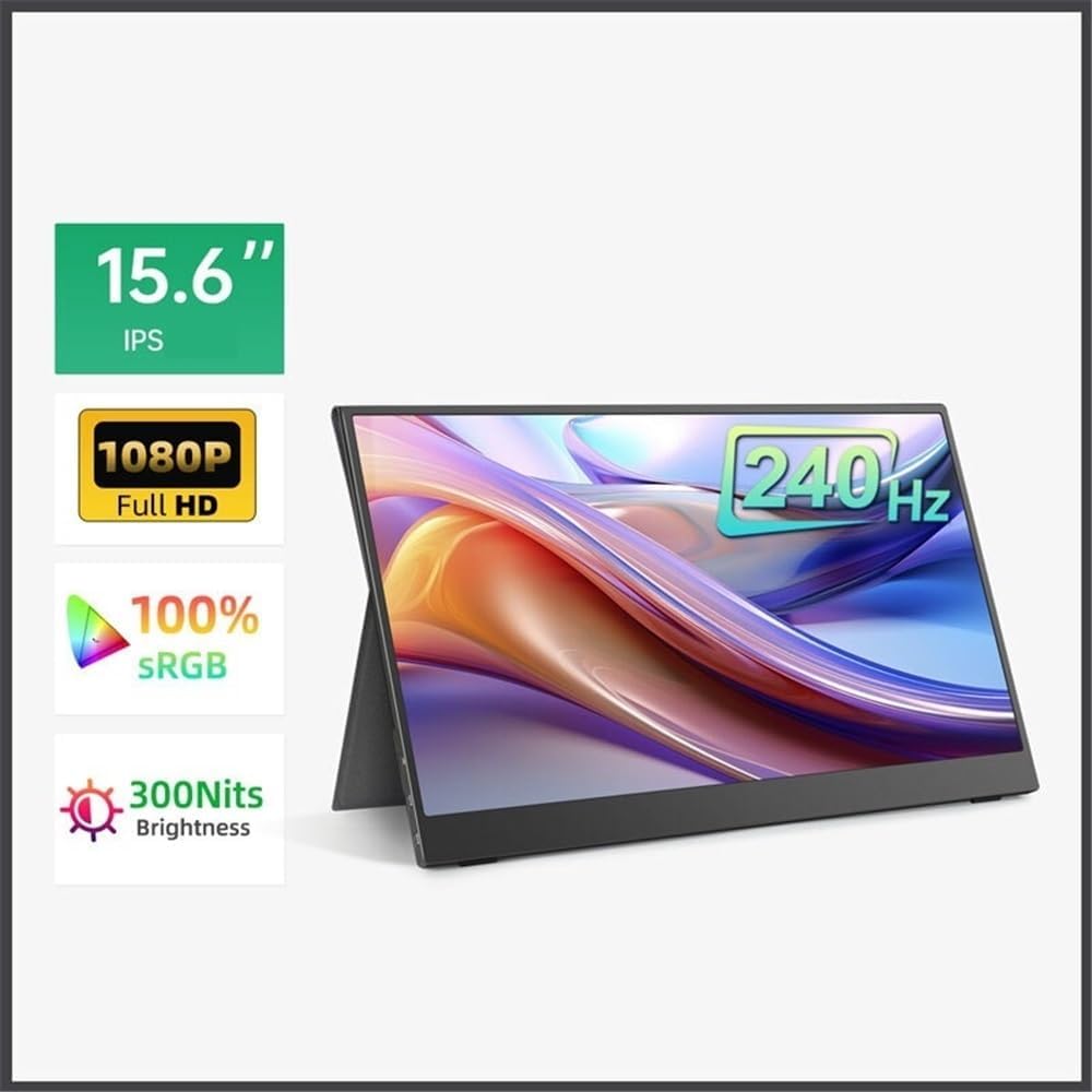 Flicker Free 15.6 Inch FHD 1080P 240HZ Travel Monitor for Laptop, Ultra-Thin Zero Frame, Portable Screen with Speakers