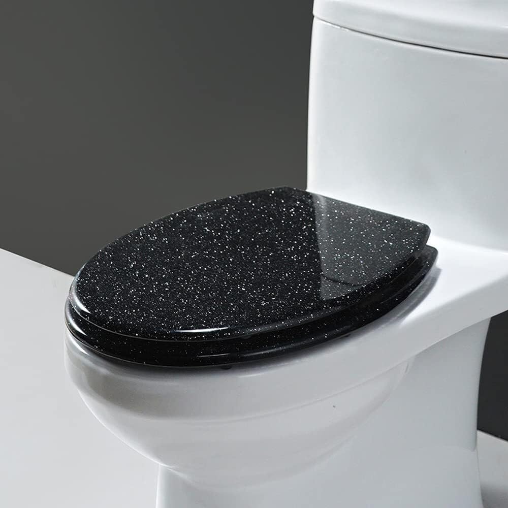 'Glitter Resin Toilet Seat, Soft Close Lid, Round/Oval, Easy Installation & Cleaning, Gold'(Black)