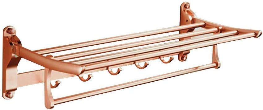 Bathroom Towel Rail Foldable Double Wall-Mounted Towel Holder with Hooks 60cm Aluminum Towel Rack with Multi Towel Bar for Kitchen Bathroom Toilet Hotel Office (Rose Gold)