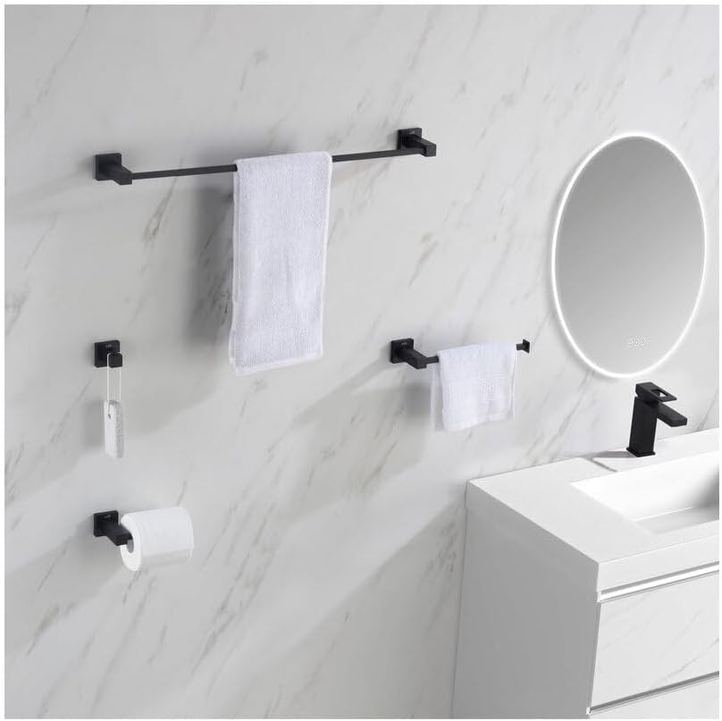 KIBI Cube 5-Piece Bathroom Hardware Set | Includes 24-Inch Towel Bar, Towel Ring, Toilet Paper Holder, and Robe Hooks | Wall-Mounted Solid Brass Accessories | Matte Black, C-KBA15-5
