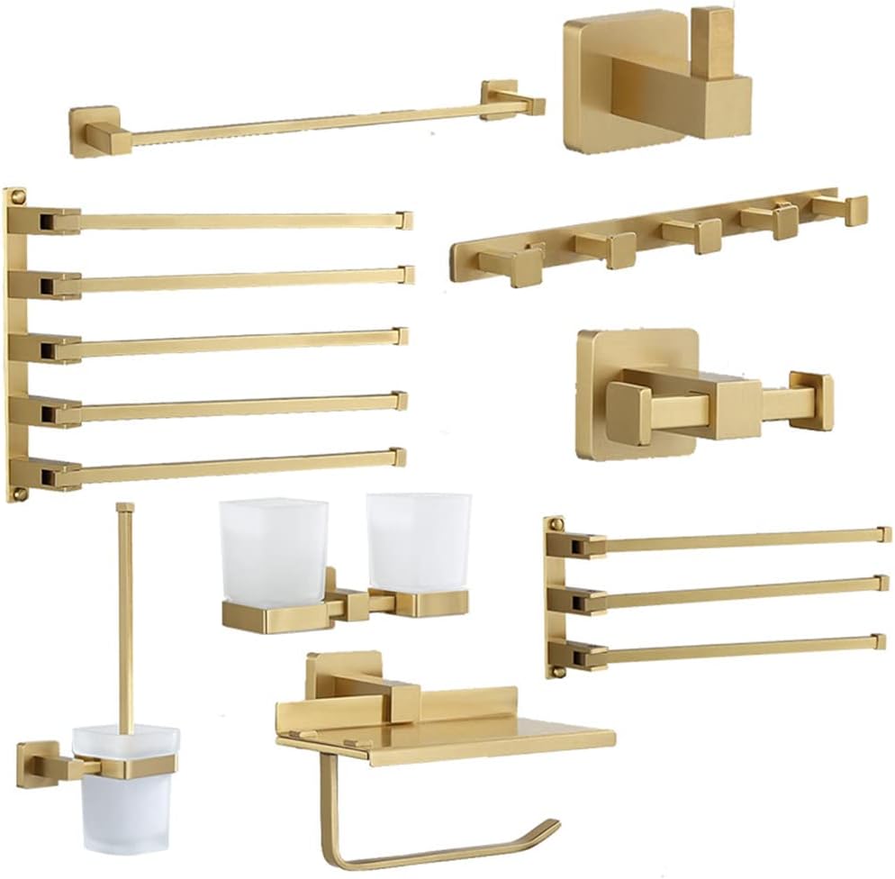 Brass Bathroom Accessory Towel Rack, Paper Holder Toilet Brush Holder Towel Holder Hook Brushed Gold Bath Hardware