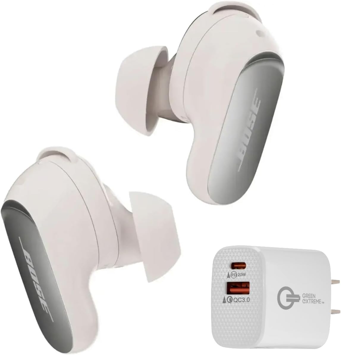 Bose New QuietComfort Ultra Bluetooth Earbuds (2nd Gen), Wireless Noise Cancelling Earbuds, Up to 6 Hours Battery, IPX4 Rating, Immersive Audio, Deep Bass + Green Extreme Wall Charger (White Smoke)