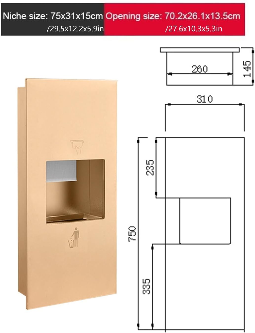 Recessed Convertible Paper Towel Dispenser/Waste Receptacle Combination Unit, Satin Stainless Steel for Hotel Public Bathroom Kitchen, Silver(Gold,31x75x14.5CM)