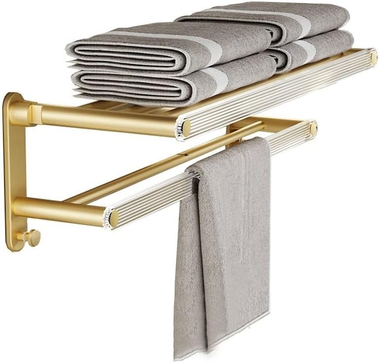 Gold Aluminum Wall Mounted Bathroom Shelves with Foldable Towel Rack and Double Towel Bar Organizer Over Toilet Storage Hanger,
