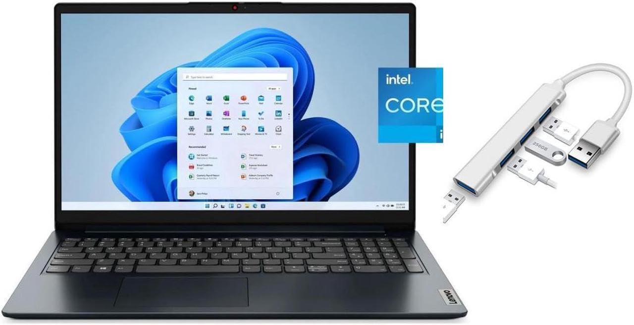 Lenovo IdeaPad 1i 15.6 inch FHD Laptop | Intel Core i5-1235U | Intel Iris Xe Graphics | HDMI | Abyss Blue| 16GB RAM | 256GB SSD | Windows 10 S | Bundle with USB 3.0 Hub