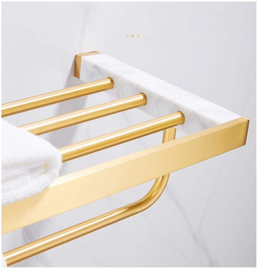 Modern Nordic Style Brass Towel Rack with Light Marble Shelf Wall Mounted Double Towel Bar Holder for Bathroom Gold Finish 60 * 20 * 13Cm