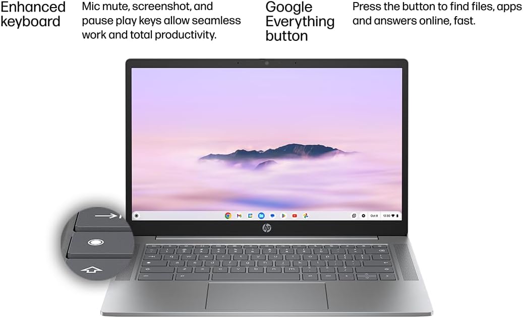 HP Chromebook Plus 14 Laptop (14' FHD Touchscreen, Intel Core i3-N305, 8GB DDR5 RAM, 256GB UFS), 1080p Webcam, Backlit Keyboard, Fast Charge, Wi-Fi 6, Chrome OS w/Wireless Mouse & Protective Sleeve