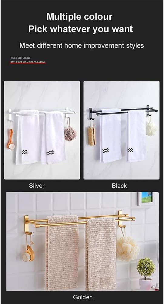 LSLYTQ Towel Rail Rack Bathroom Matt Silver Towel Rack, Space Aluminum Fashion Black Wall Mounted Double Bar, Towel Hanger with Hooks Home Accessories for Bathroom Kitchen