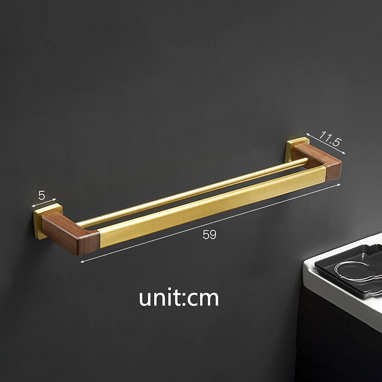 Double Towel Bar Towel Rail Brushed Gold Space Aluminum and Walnut Bathroom Towel Rack Wall Mounted Towel Holder Double Rod Storage Rack for Bathroom, Kitchen, Toilet