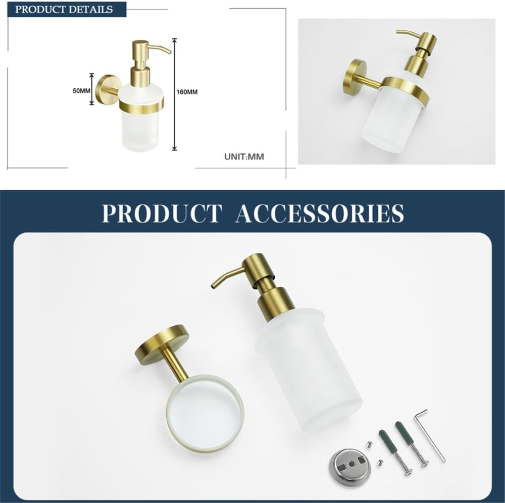 Brushed Gold Brass Bathroom Accessories Set - Hand Towel Bar, Toilet Paper Holder, Robe Hook, Soap Dispenser - Elegant Wall-Mounted Design for Modern Bathroom Decor