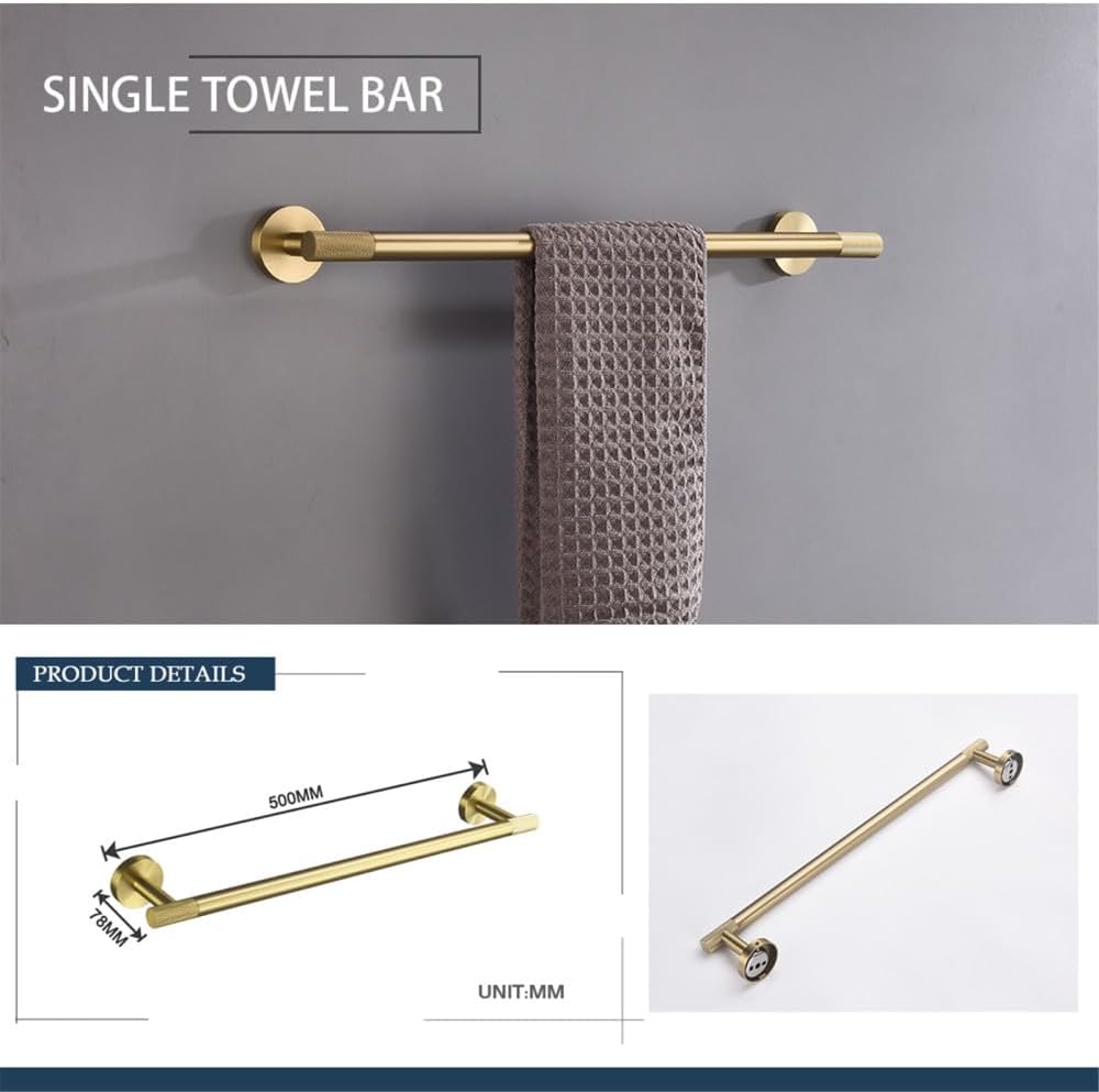 Brushed Gold Brass Bathroom Accessories Set - Hand Towel Bar, Toilet Paper Holder, Robe Hook - Elegant Wall-Mounted Knurling Design for Modern Home Decor & Luxury Bathroom Style