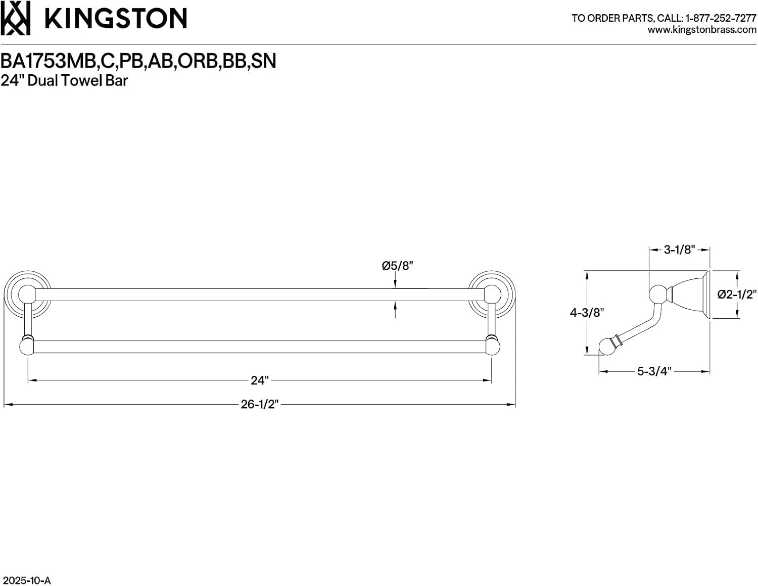 Kingston Brass BA1753PB Heritage 24-Inch Double -Towel Bar, Polished Brass