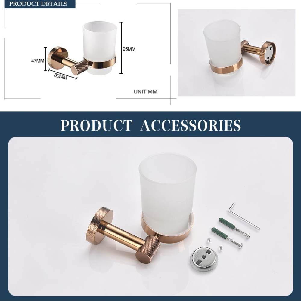 Rose Gold Wall Mount Shelf Toilet Bath Hardware Paper Holder Towel Bar Rack Rail Rod Robe Hook Hanger Bathroom Accessories Set,Single Towel Bar(Cup Holder)