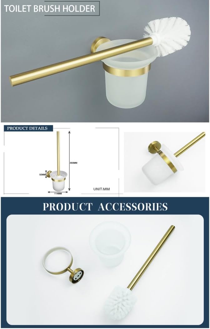 Gold Brushed Bathroom Accessories Hardware Set Towel Bar Rail Paper Holder Robe Hook Soap Dish Towel Hanger Shelf Toilet Brush,Toilet Brush Holder