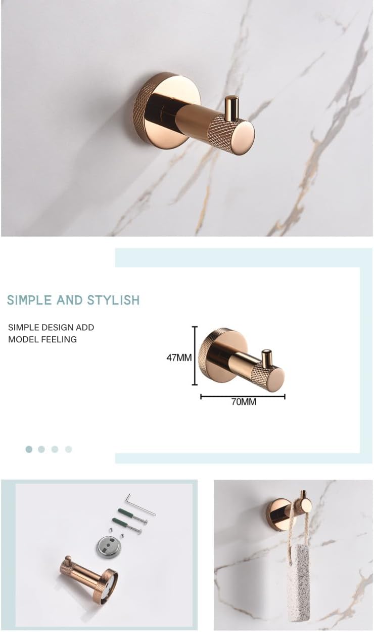 Rose Gold Stainless Steel Wall-Mounted Robe Hooks Toilet Paper Holder Towel Bar Rack Towel Ring Bathroom WC Accessories Sets,4 pcs Robe Hooks