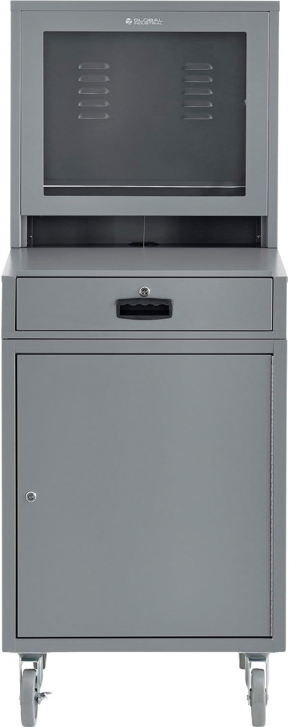 Global Industrial Mobile Security LCD Computer Cabinet Enclosure for 24' Diagonal Monitors, Steel Construction, Gray Powder Coat Finish, 24-1/2'W x 22-1/2'D x 62-3/4'H
