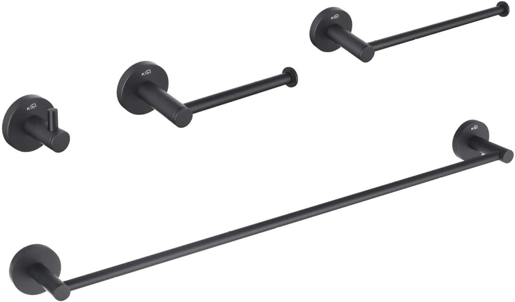 KIBI 4-Piece Circular Bathroom Hardware Set - Matte Black Finish | Includes Towel Bar, Towel Ring, Toilet Paper Holder, and Robe Hook | Durable Solid Brass Construction and Rust-Resistant (C-KBA14-4)