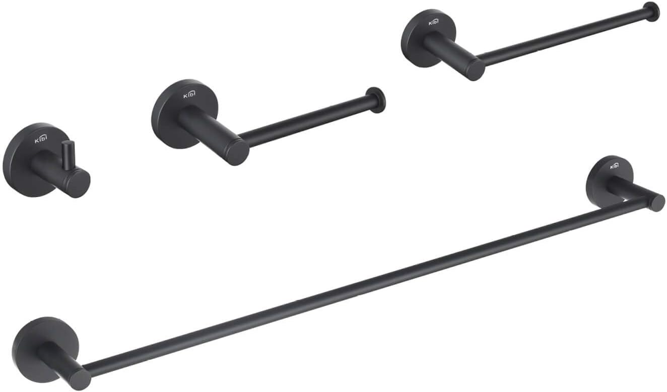 KIBI 4-Piece Circular Bathroom Hardware Set - Matte Black Finish | Includes Towel Bar, Towel Ring, Toilet Paper Holder, and Robe Hook | Durable Solid Brass Construction and Rust-Resistant (C-KBA14-4)