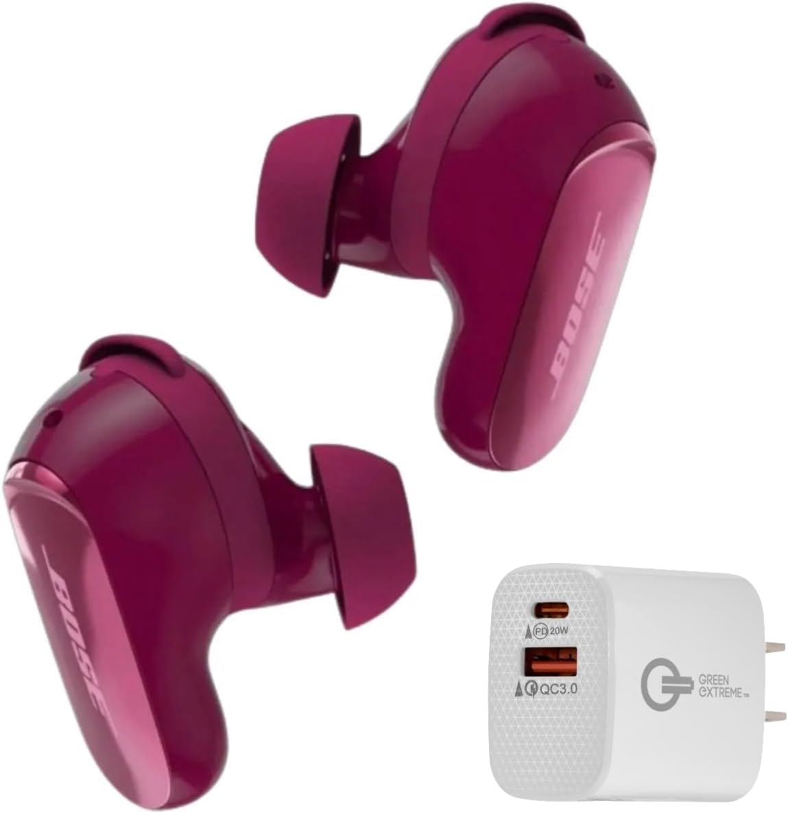 Bose New QuietComfort Ultra Bluetooth Earbuds (2nd Gen), Wireless Noise Cancelling Earbuds, Up to 6 Hours Battery, IPX4 Rating, Immersive Audio, Deep Bass + Green Extreme Charger (Deep Plum)