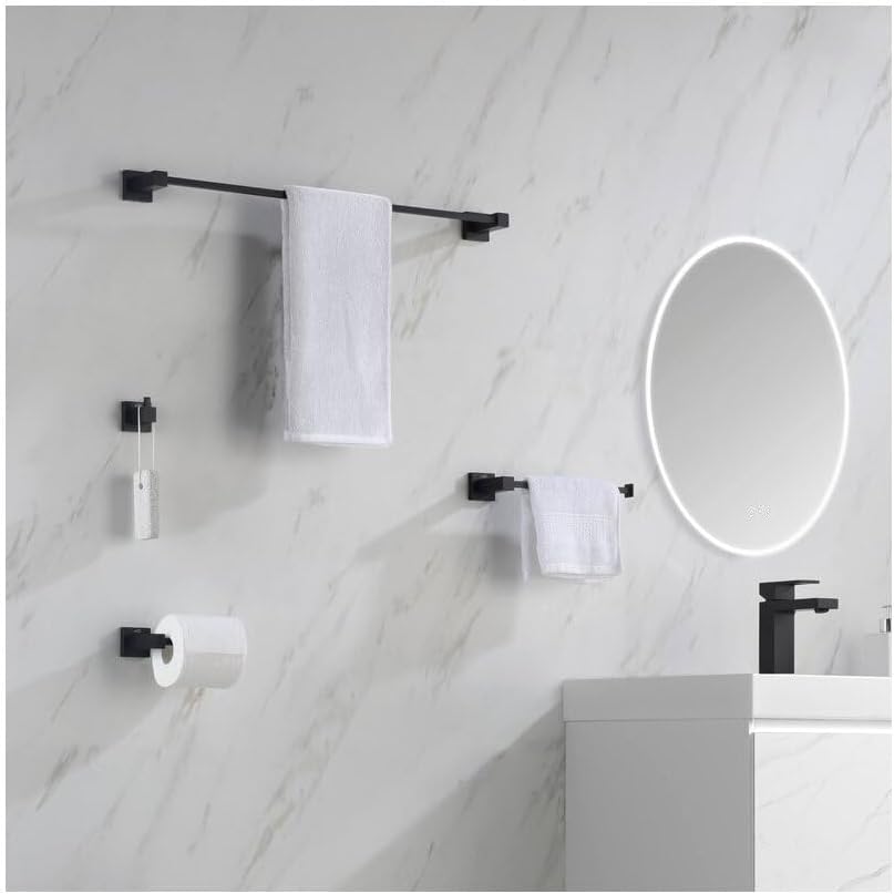 KIBI Cube 5-Piece Bathroom Hardware Set | Includes 24-Inch Towel Bar, Towel Ring, Toilet Paper Holder, and Robe Hooks | Wall-Mounted Solid Brass Accessories | Matte Black, C-KBA15-5