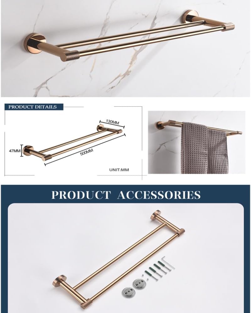 Rose Gold Stainless Steel Wall Hook Toilet Paper Holder Towel Bar Bathroom Accessories,Double Towel Bar