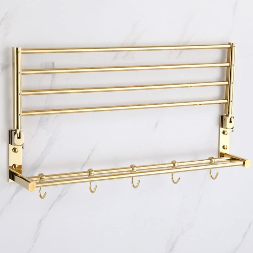 Foldable All Copper Towel Rack with 5 Hooks Wall Mounted Double Towel Shelf for Bathroom Towel Holder with Towel Bar and Hooks 59cm Gold Color,A-gold-59Cm
