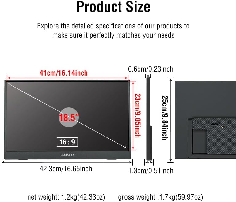Portable Monitor for Laptop 18.5 Inch 100HZ Computer Gaming Display Metal Enclosure Mobile Display External Display for Xbox PS4 Phone with Speakers Type-C USB-C HDMI IPS FHD 1080P LED Screen