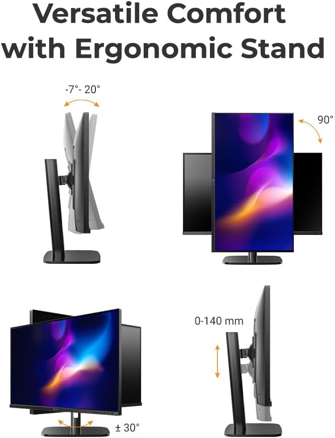 AG Neovo MH2404 24 Inch Height Adjustable 144Hz Full HD Monitor with Ergonomic Stand, Tilt, Swivel, Pivot, HDMI, DisplayPort, Adaptive Sync, Speakers